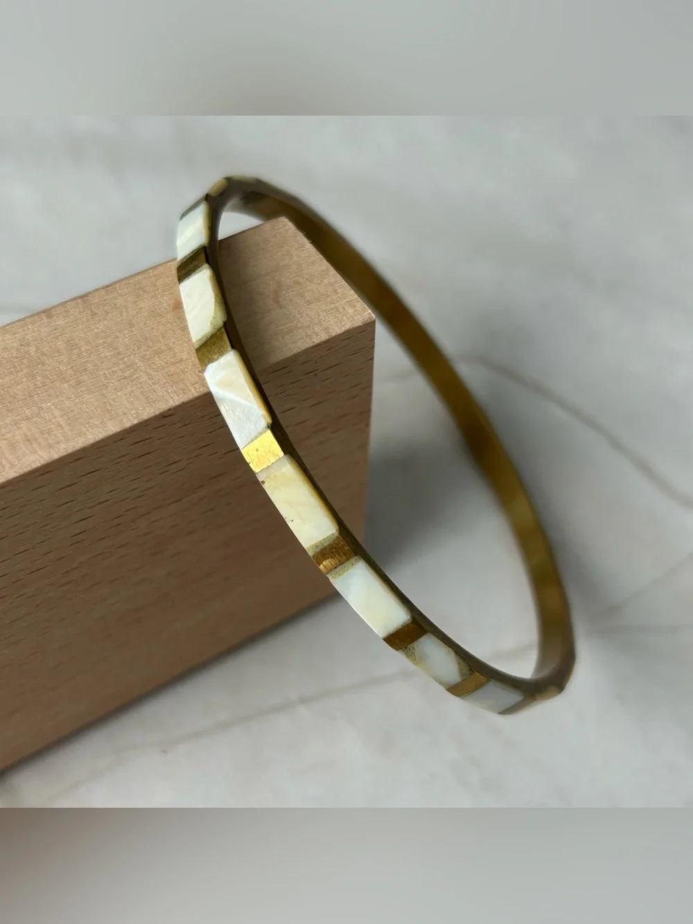 Abalone Mother of Pearl Gold and White Inlay Bangle Bracelet
